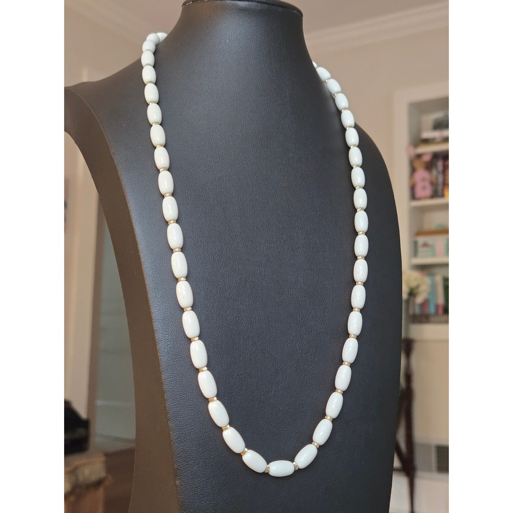 Direction One White Bead Goldtone Necklace Rare Vintage